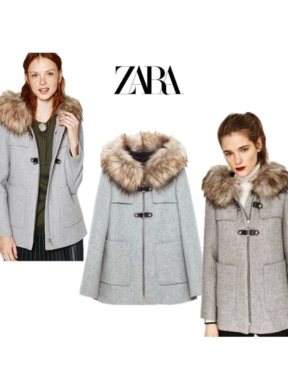 Zara Gray Duffle faux fur Hooded Winter Coat jacket Sz S